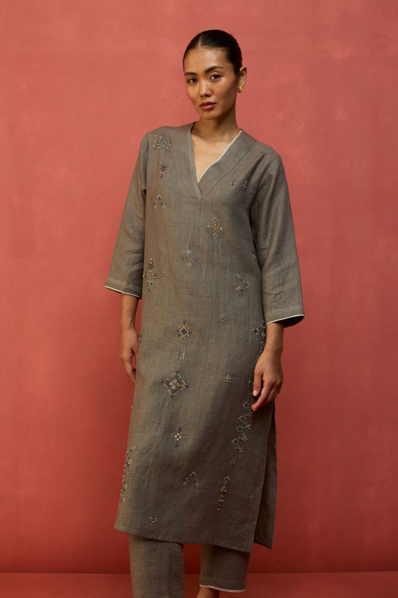 Rena Hand-Embroidered Linen Kurta Set - Grey by Manan for in Singapore