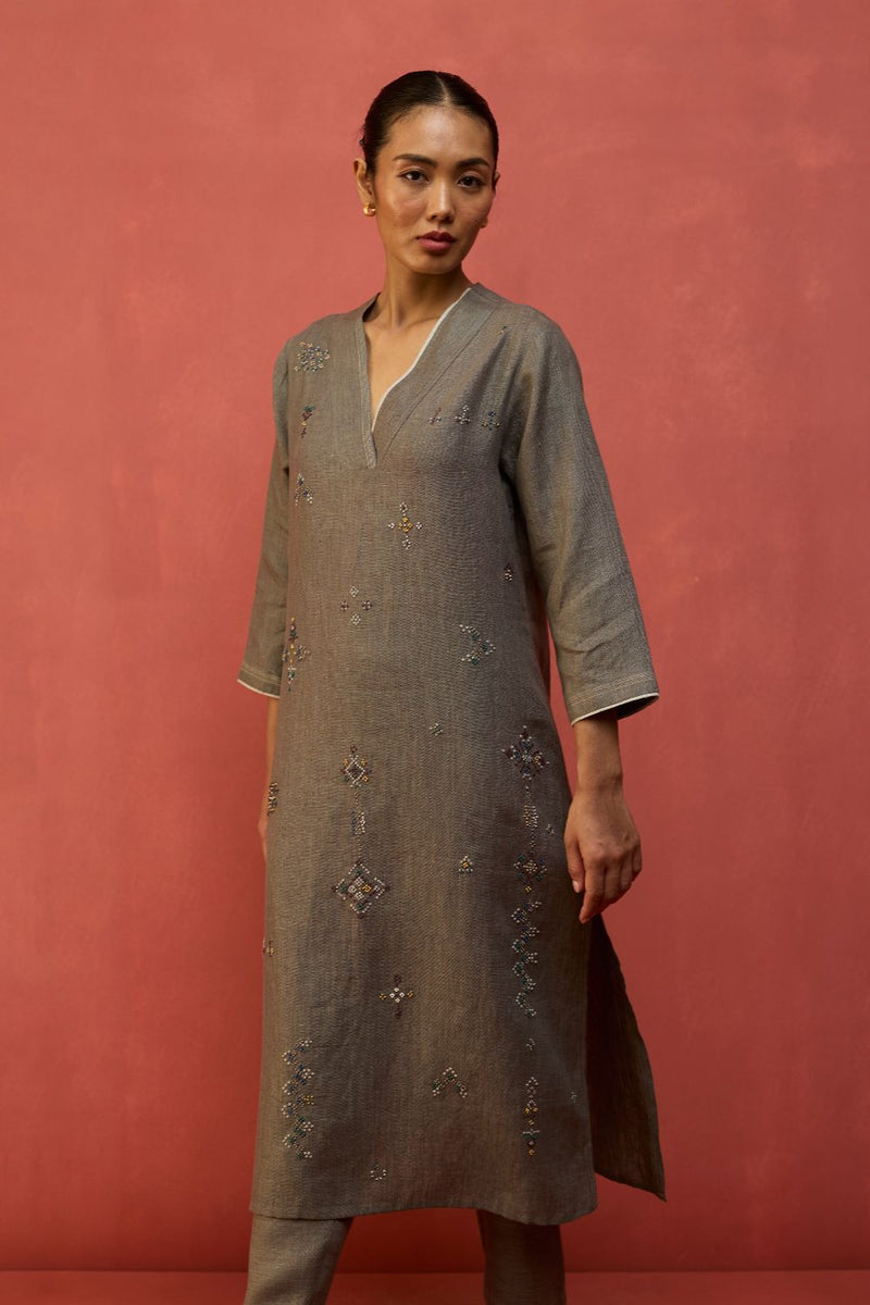 Rena Hand-Embroidered Linen Kurta Set - Grey by Manan for in Singapore
