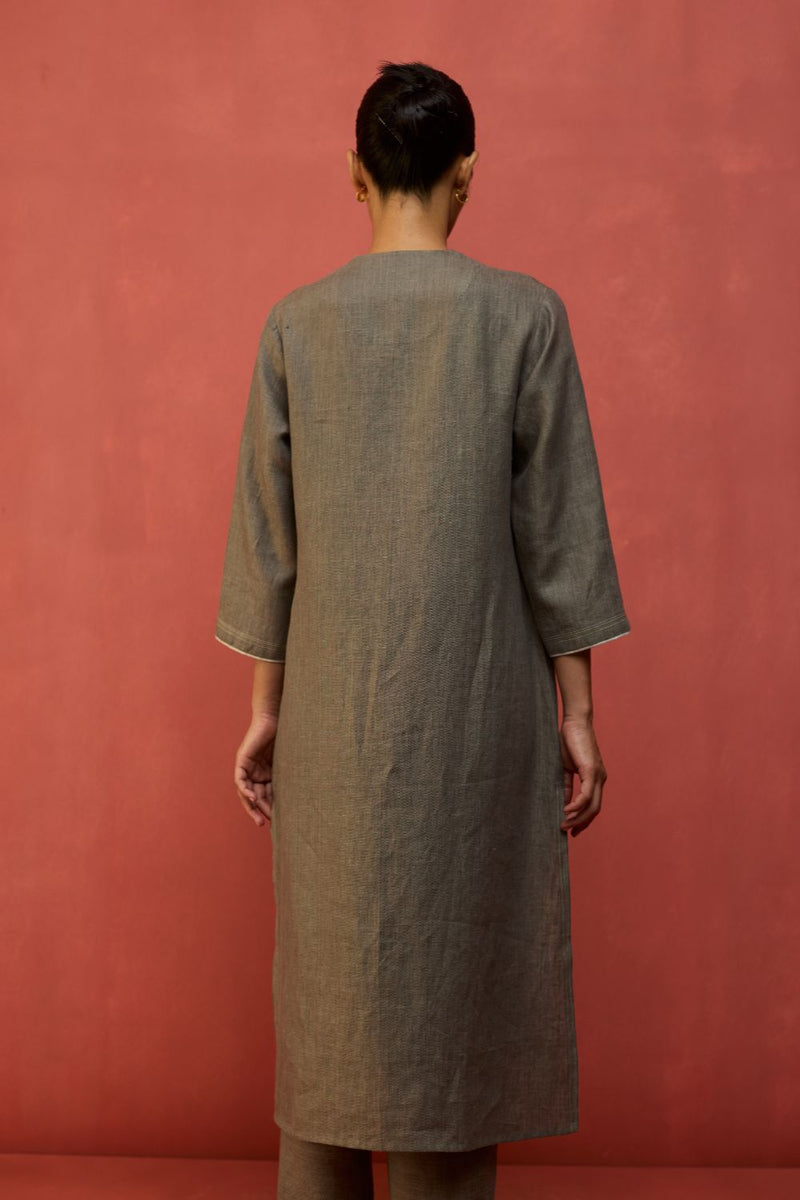 Rena Hand-Embroidered Linen Kurta - Grey linen by Manan in grey color for women in Singapore