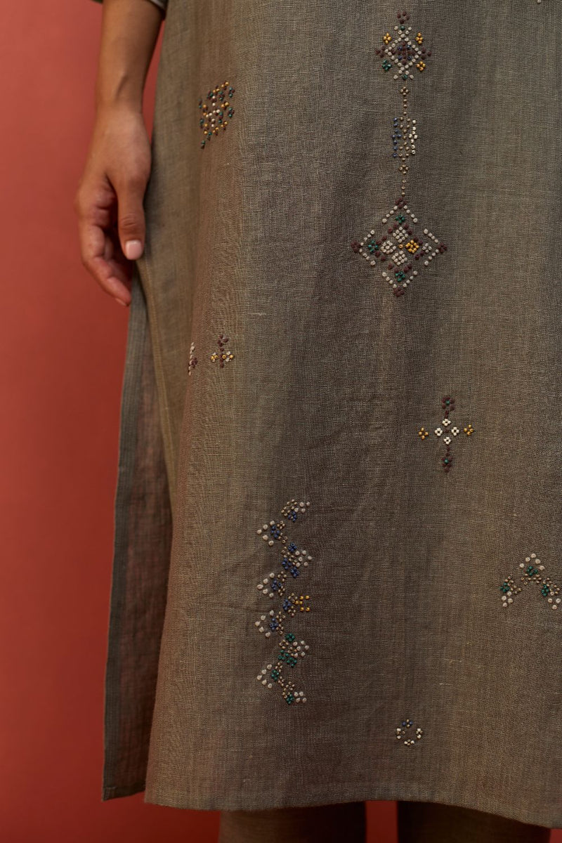 Rena Hand-Embroidered Linen Kurta - Grey linen by Manan in grey color for women in Singapore