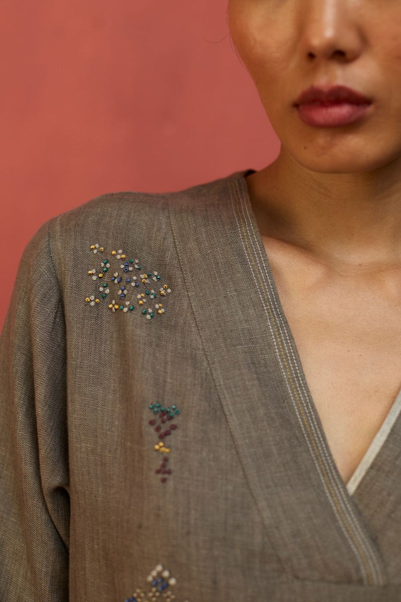 Rena Hand-Embroidered Linen Kurta - Grey linen by Manan in grey color for women in Singapore