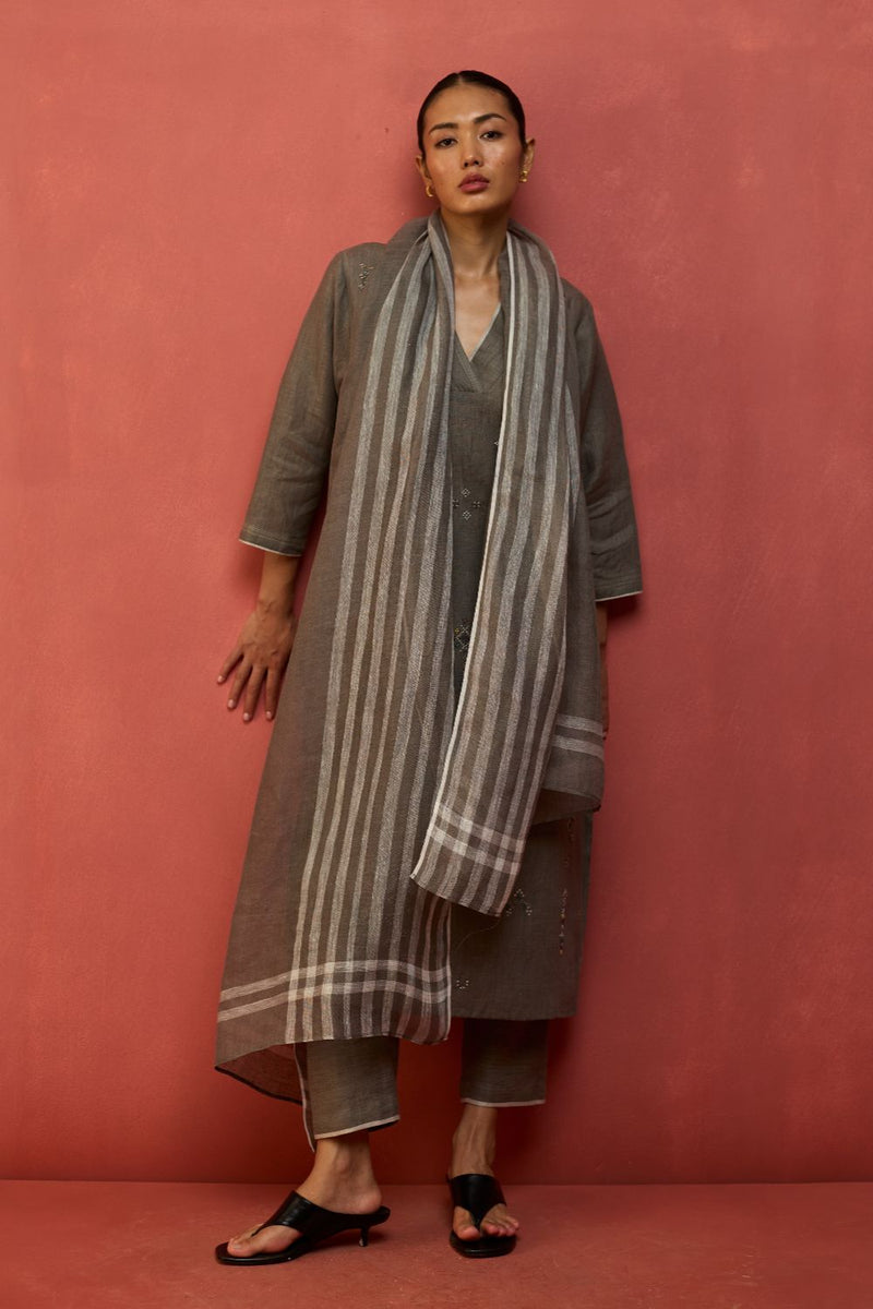 Rena Hand-Embroidered Linen Kurta Set - Grey by Manan for in Singapore