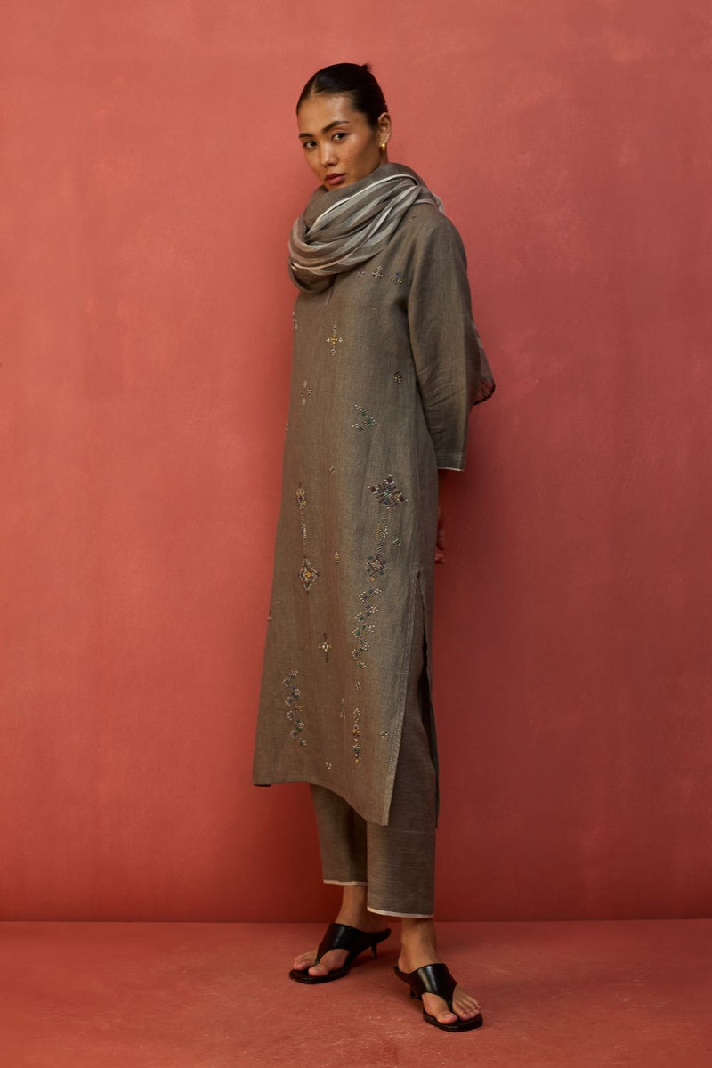 Rena Hand-Embroidered Linen Kurta Set - Grey by Manan for in Singapore