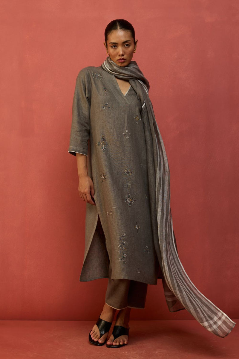 Rena Hand-Embroidered Linen Kurta Set - Grey by Manan for in Singapore