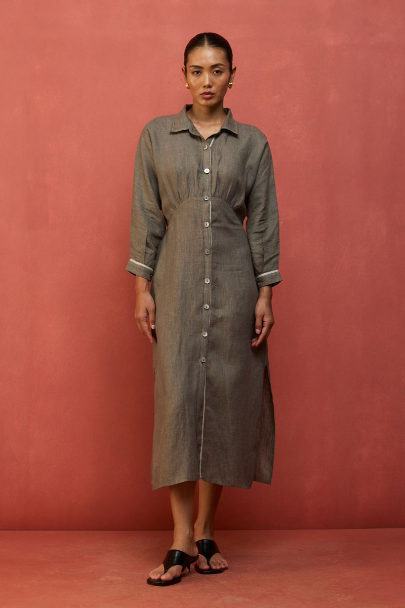 Masaru Buttoned Linen Dress - Grey linen by Manan in grey color for women in Singapore