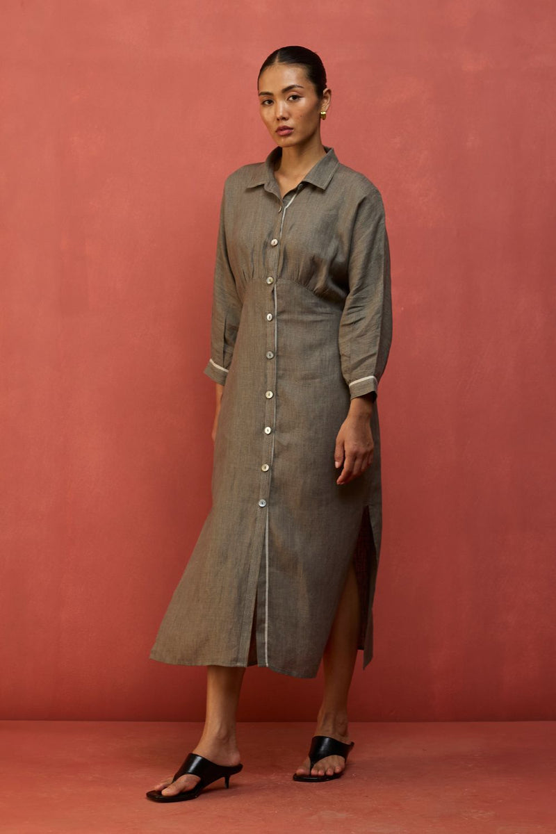 Masaru Buttoned Linen Dress - Grey linen by Manan in grey color for women in Singapore