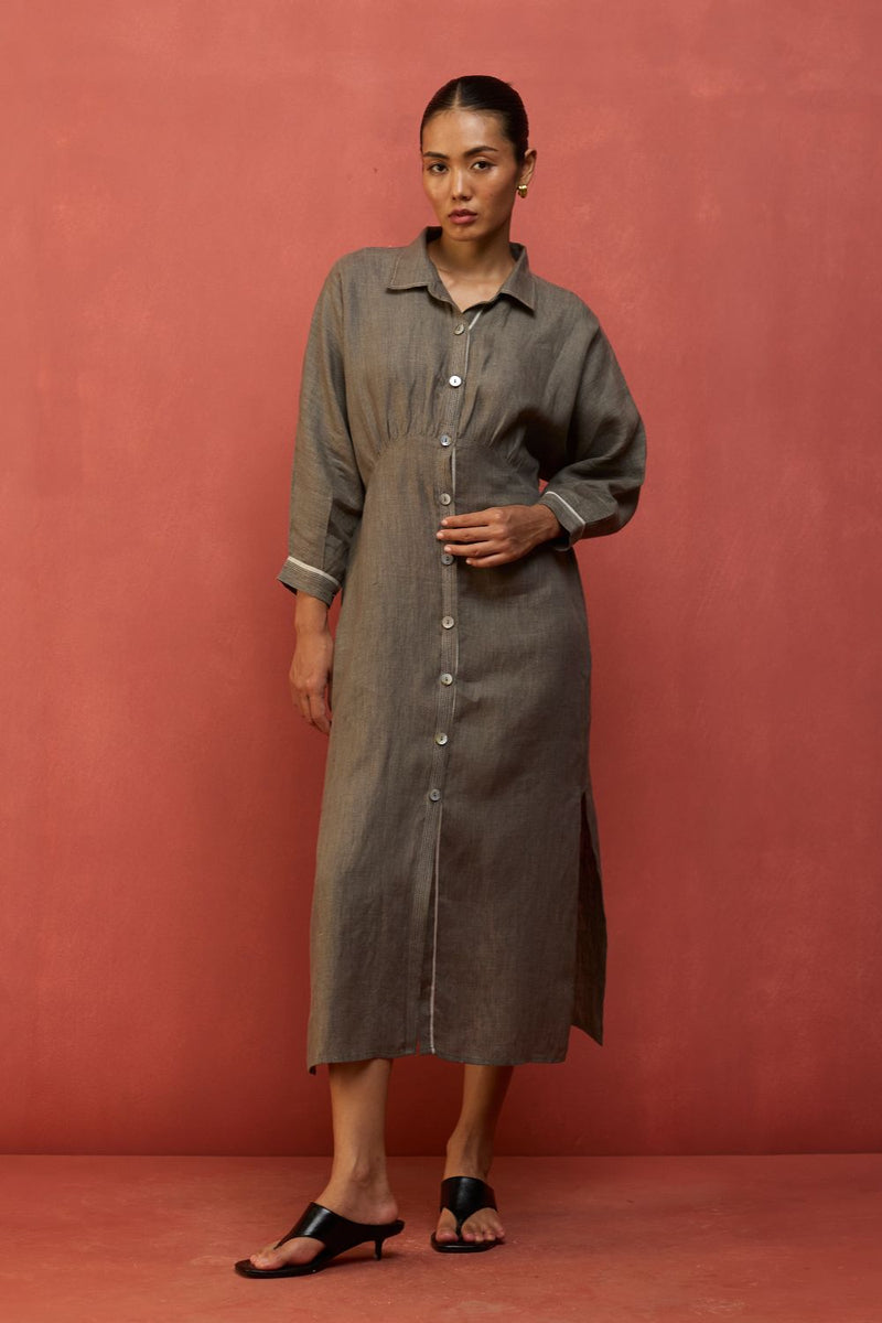 Masaru Buttoned Linen Dress - Grey linen by Manan in grey color for women in Singapore