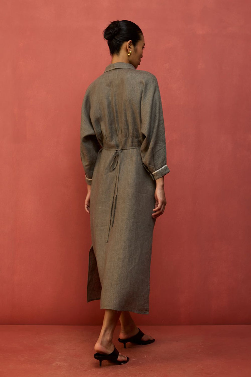 Masaru Buttoned Linen Dress - Grey linen by Manan in grey color for women in Singapore