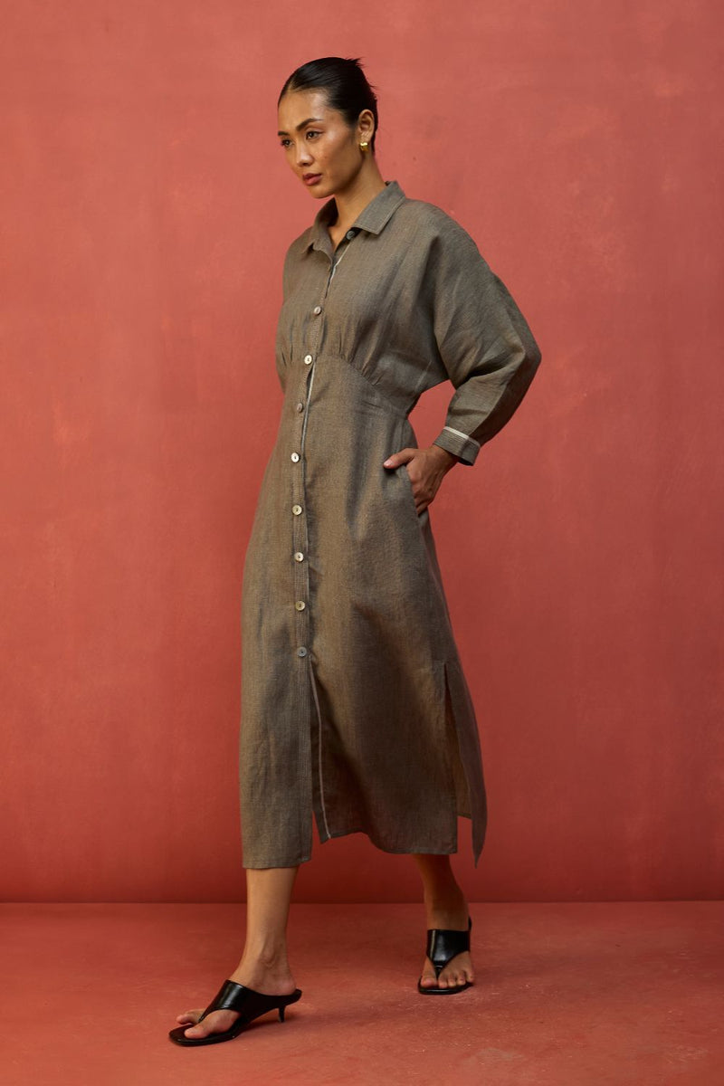 Masaru Buttoned Linen Dress - Grey linen by Manan in grey color for women in Singapore