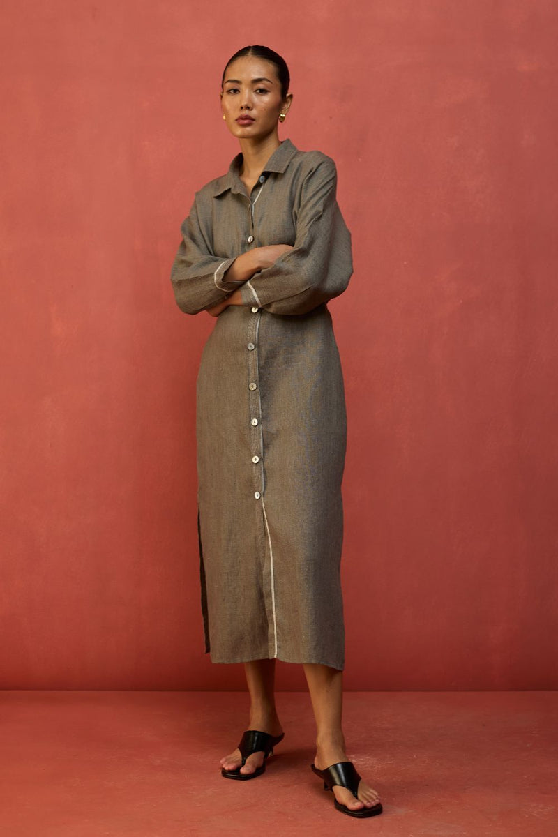 Masaru Buttoned Linen Dress - Grey linen by Manan in grey color for women in Singapore