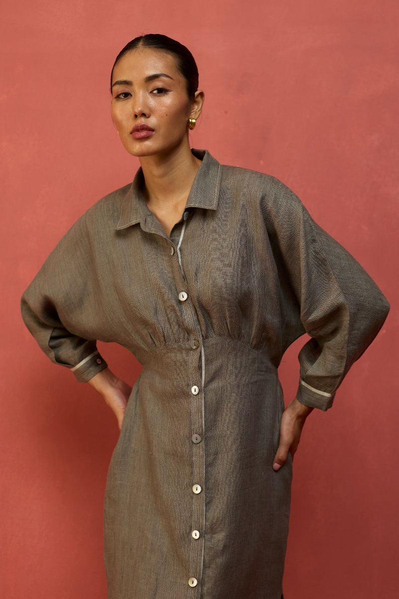 Masaru Buttoned Linen Dress - Grey linen by Manan in grey color for women in Singapore