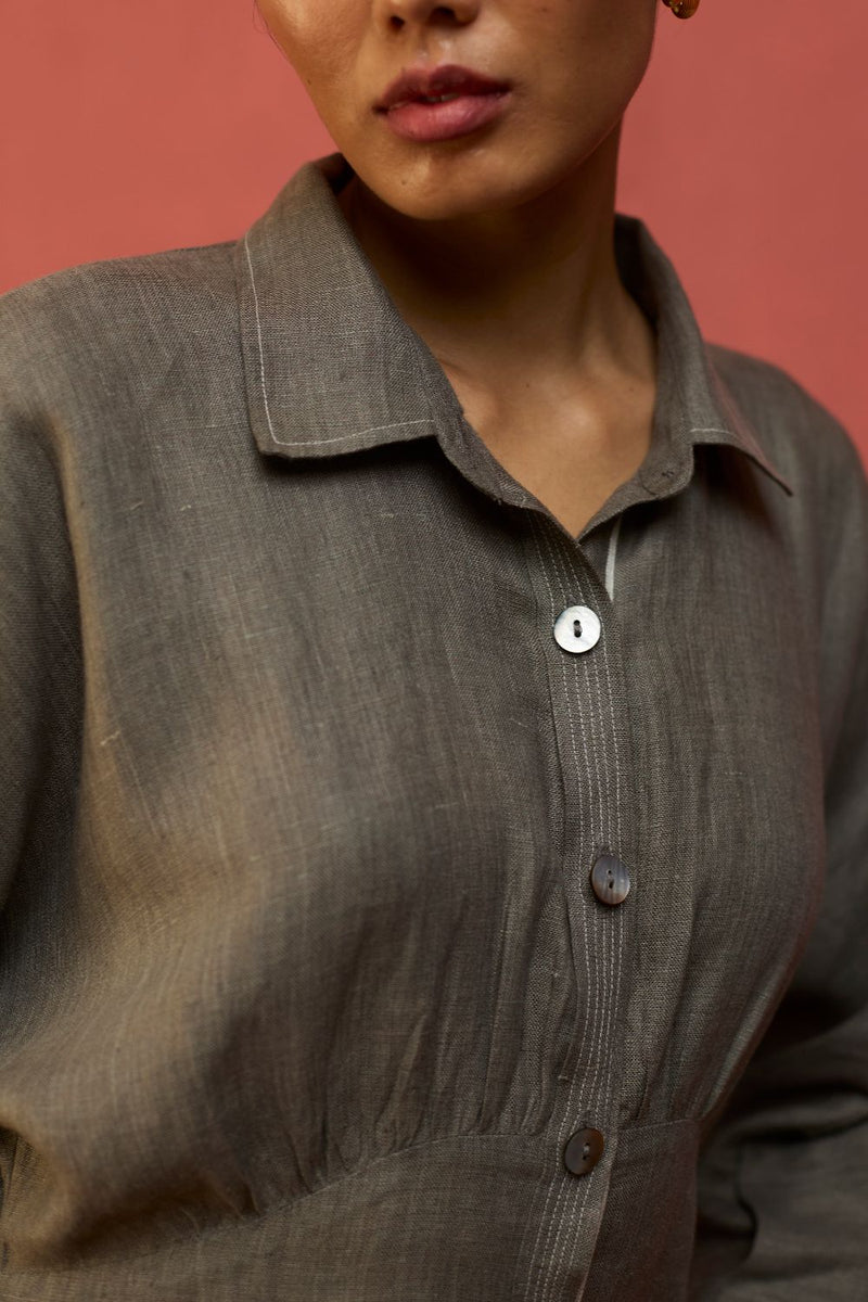 Masaru Buttoned Linen Dress - Grey linen by Manan in grey color for women in Singapore