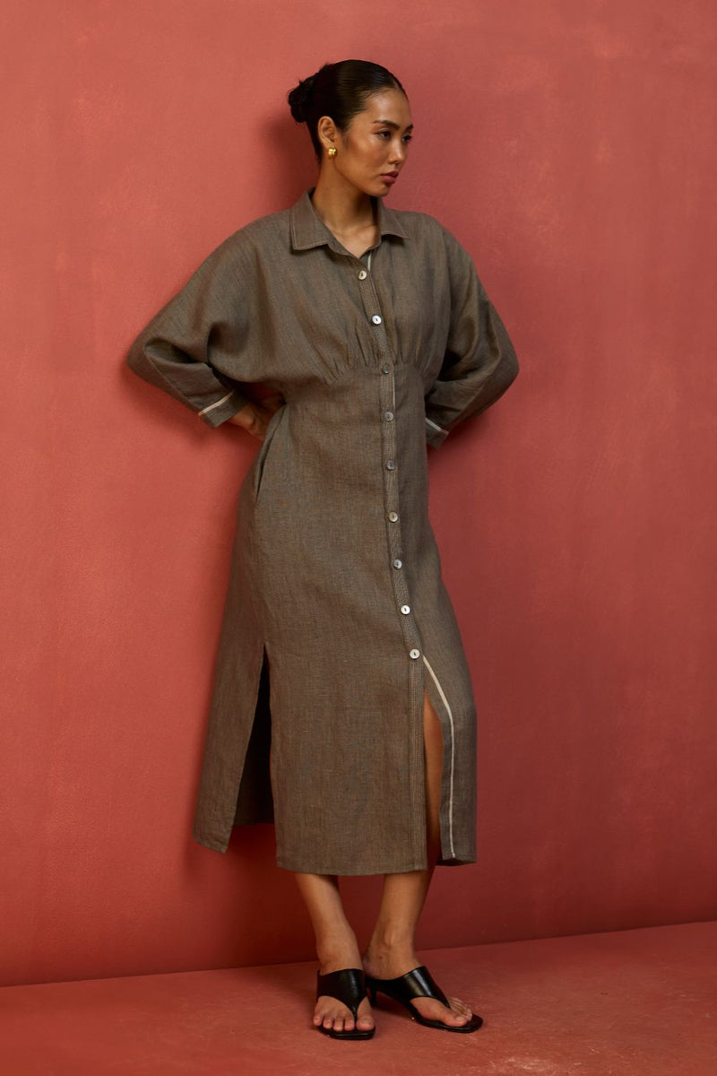 Masaru Buttoned Linen Dress - Grey linen by Manan in grey color for women in Singapore