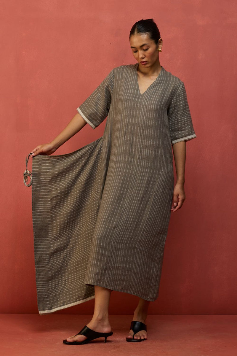 Karo Stripe Linen Wrap Dress - Grey linen by Manan in grey color for women in Singapore