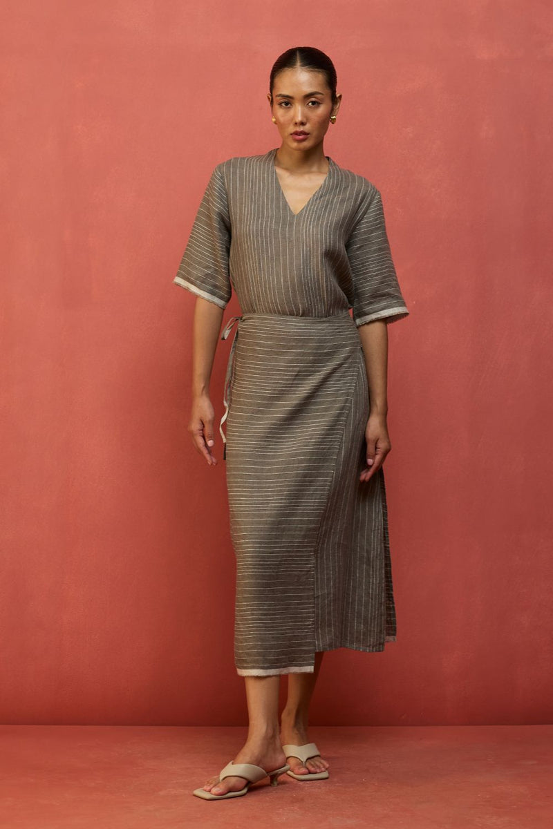 Karo Stripe Linen Wrap Dress - Grey linen by Manan in grey color for women in Singapore