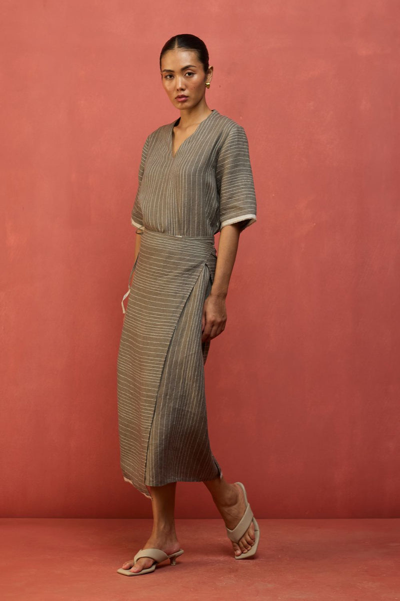 Karo Stripe Linen Wrap Dress - Grey linen by Manan in grey color for women in Singapore