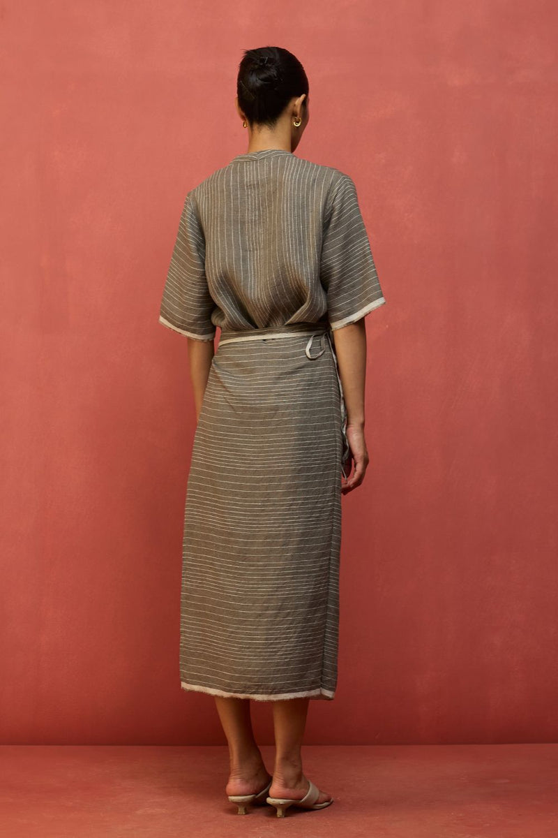 Karo Stripe Linen Wrap Dress - Grey linen by Manan in grey color for women in Singapore