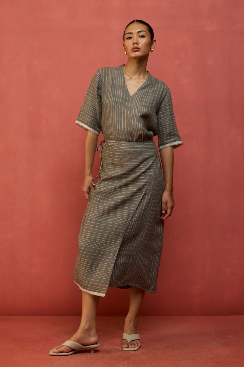 Karo Stripe Linen Wrap Dress - Grey linen by Manan in grey color for women in Singapore