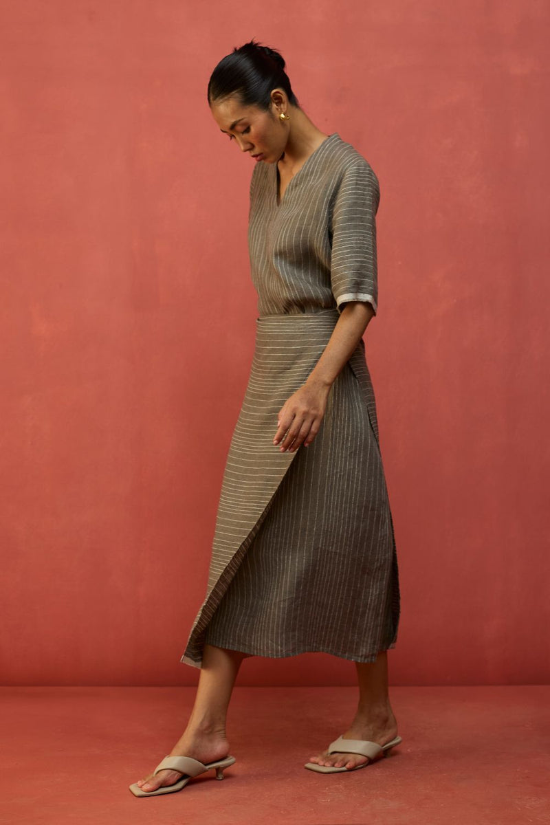 Karo Stripe Linen Wrap Dress - Grey linen by Manan in grey color for women in Singapore
