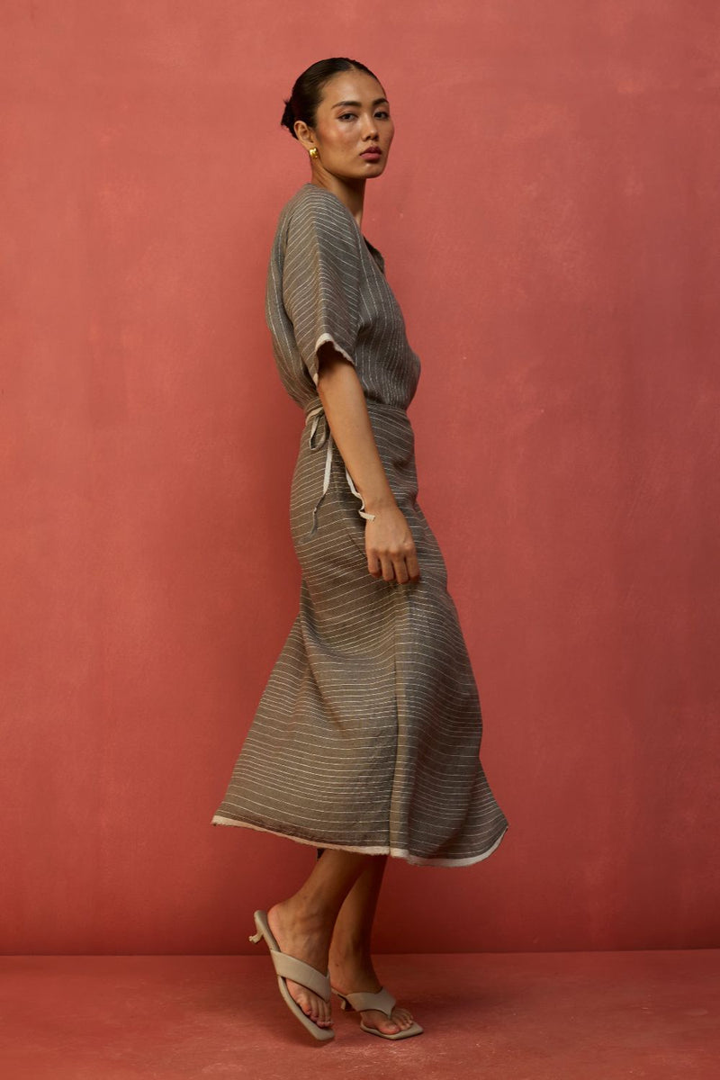 Karo Stripe Linen Wrap Dress - Grey linen by Manan in grey color for women in Singapore