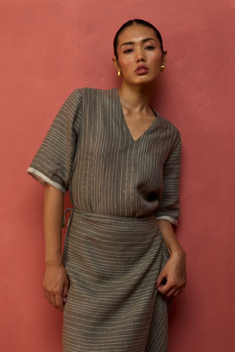 Karo Stripe Linen Wrap Dress - Grey linen by Manan in grey color for women in Singapore