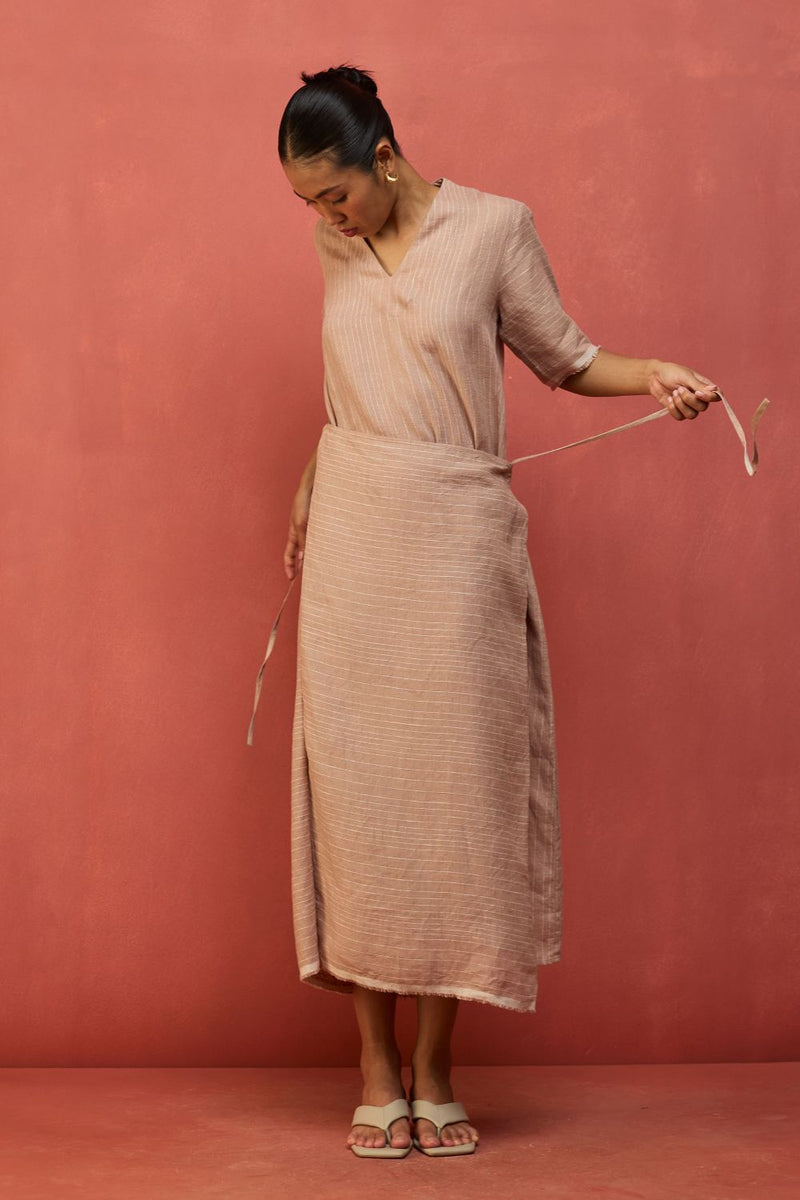 Karo Stripe Linen Wrap Dress - Dusty Rose linen by Manan in blush color for women in Singapore