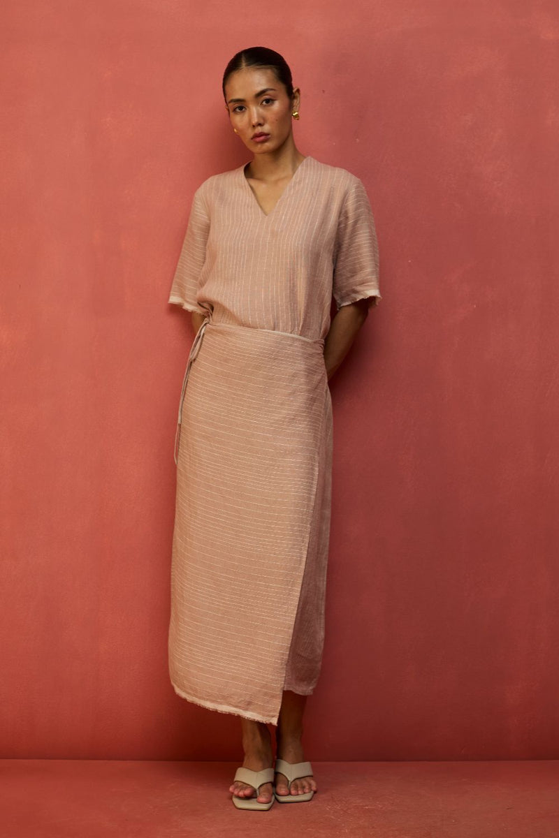 Karo Stripe Linen Wrap Dress - Dusty Rose linen by Manan in blush color for women in Singapore