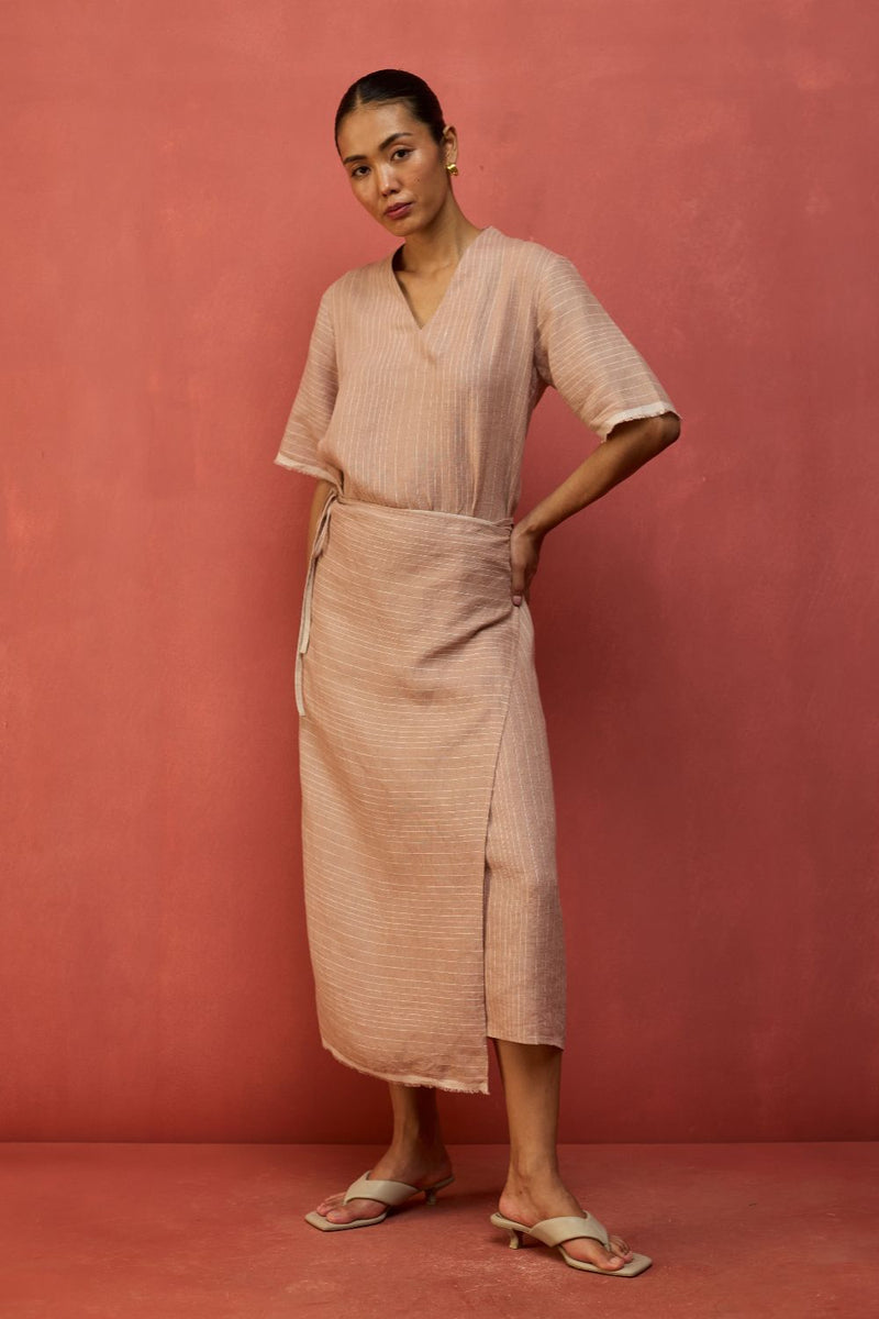 Karo Stripe Linen Wrap Dress - Dusty Rose linen by Manan in blush color for women in Singapore