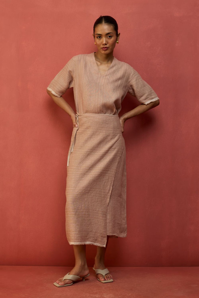 Karo Stripe Linen Wrap Dress - Dusty Rose linen by Manan in blush color for women in Singapore