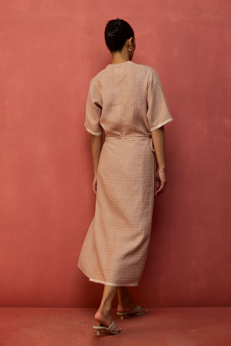 Karo Stripe Linen Wrap Dress - Dusty Rose linen by Manan in blush color for women in Singapore