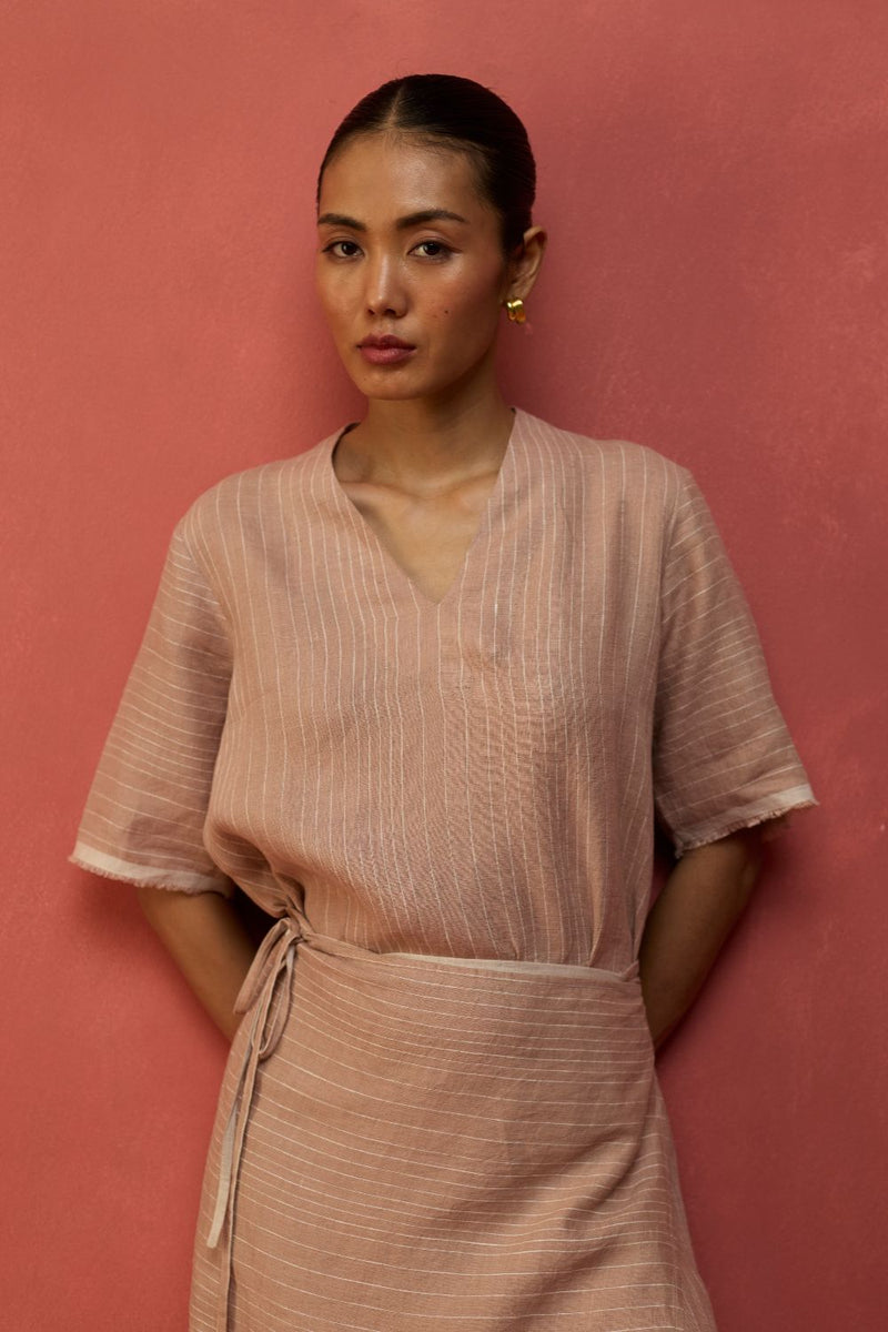 Karo Stripe Linen Wrap Dress - Dusty Rose linen by Manan in blush color for women in Singapore