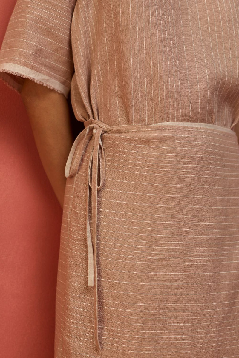 Karo Stripe Linen Wrap Dress - Dusty Rose linen by Manan in blush color for women in Singapore