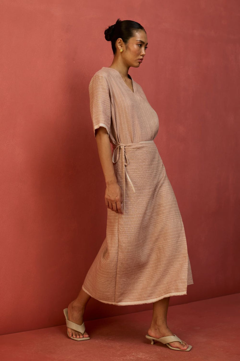 Karo Stripe Linen Wrap Dress - Dusty Rose linen by Manan in blush color for women in Singapore