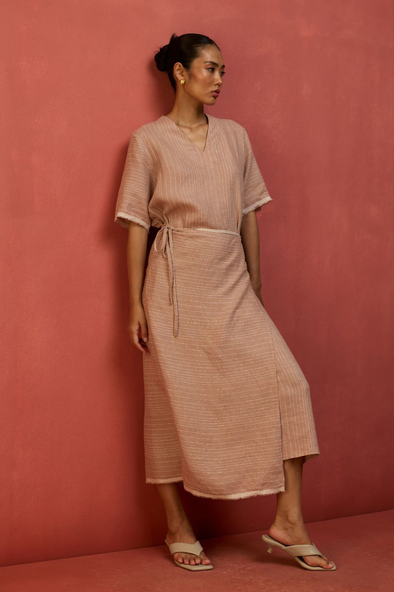 Karo Stripe Linen Wrap Dress - Dusty Rose linen by Manan in blush color for women in Singapore