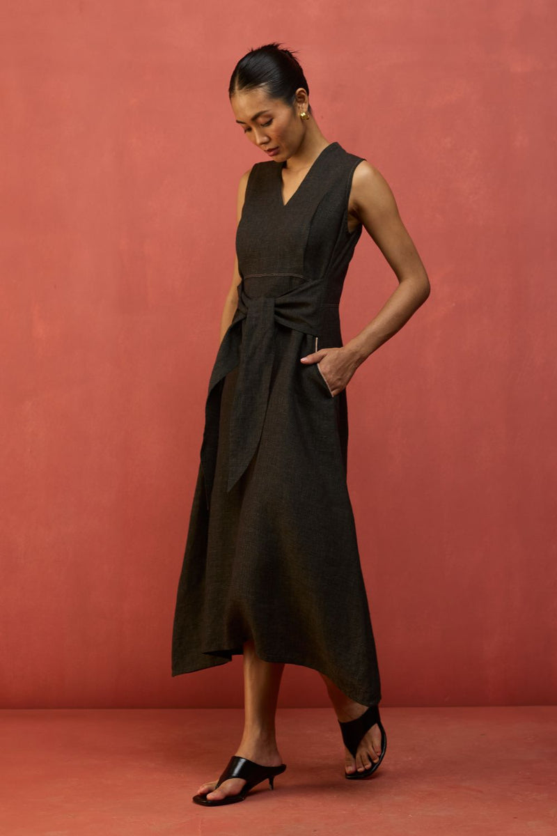 Tako Sleeveless Linen Knot Dress - Charcoal linen by Manan in charcoal color for women in Singapore