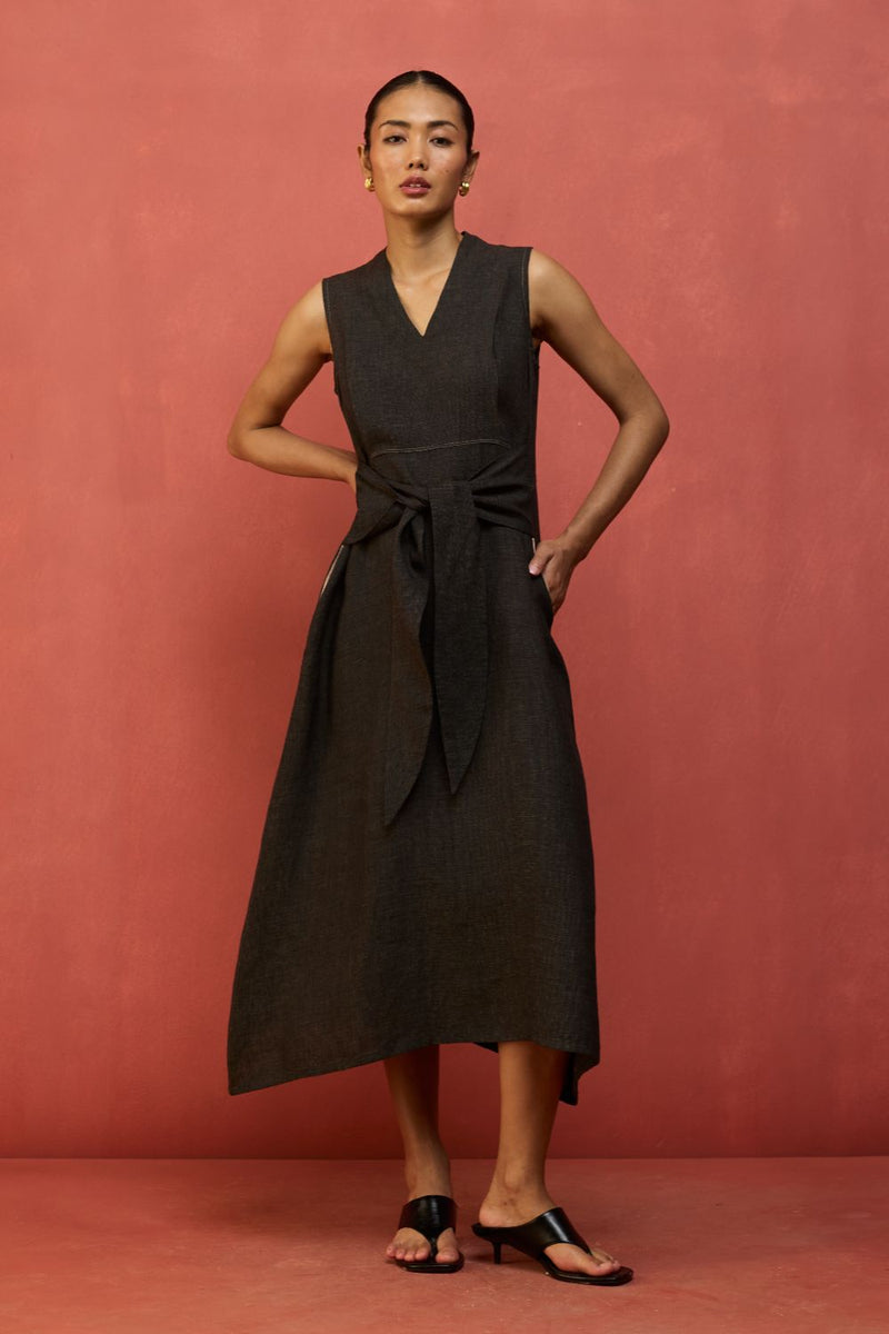 Tako Sleeveless Linen Knot Dress - Charcoal linen by Manan in charcoal color for women in Singapore