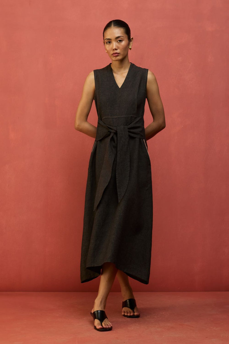 Tako Sleeveless Linen Knot Dress - Charcoal linen by Manan in charcoal color for women in Singapore
