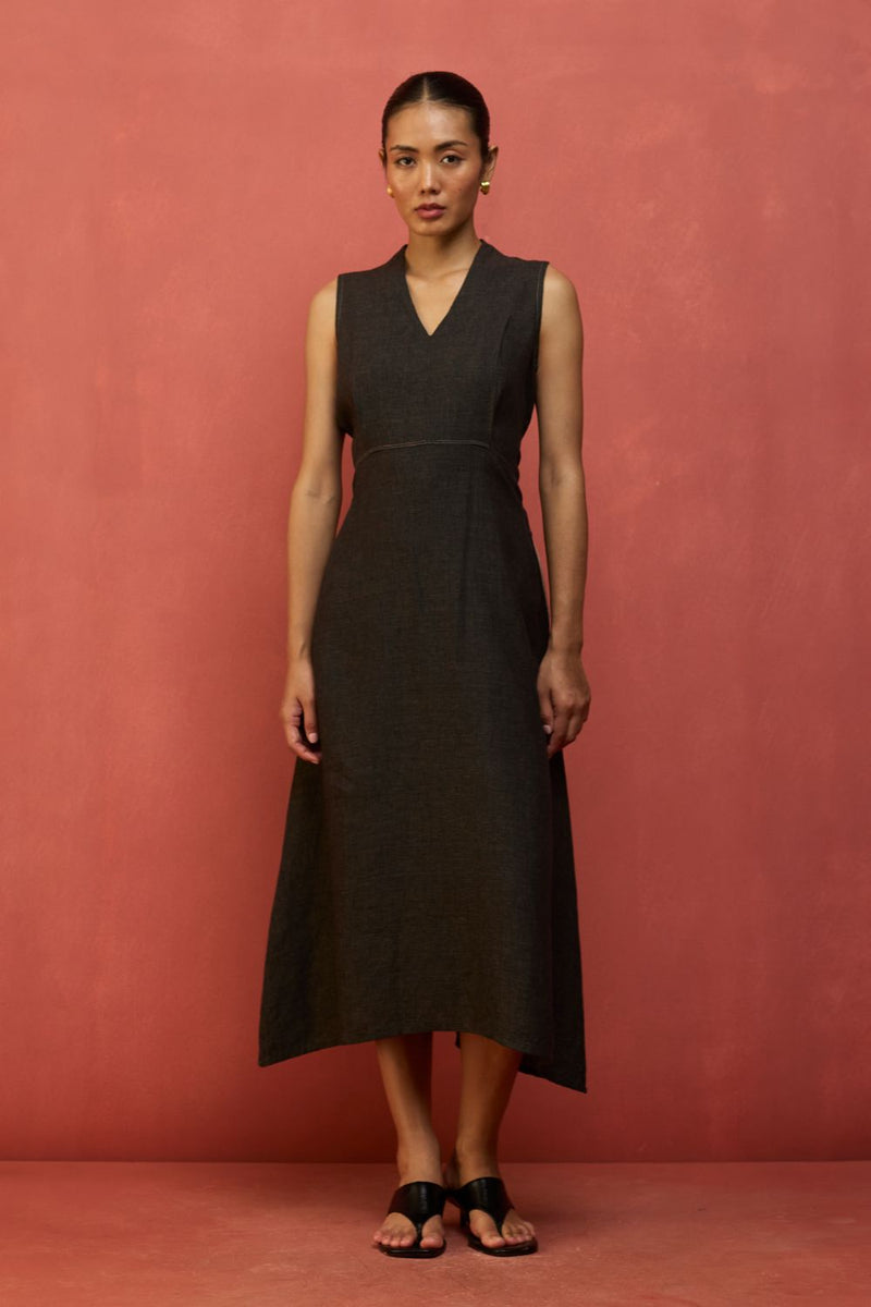 Tako Sleeveless Linen Knot Dress - Charcoal linen by Manan in charcoal color for women in Singapore
