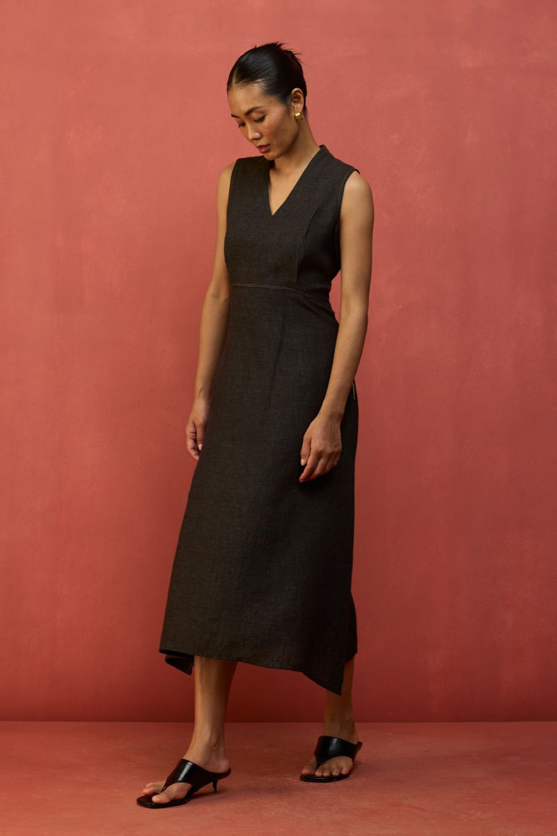 Tako Sleeveless Linen Knot Dress - Charcoal linen by Manan in charcoal color for women in Singapore