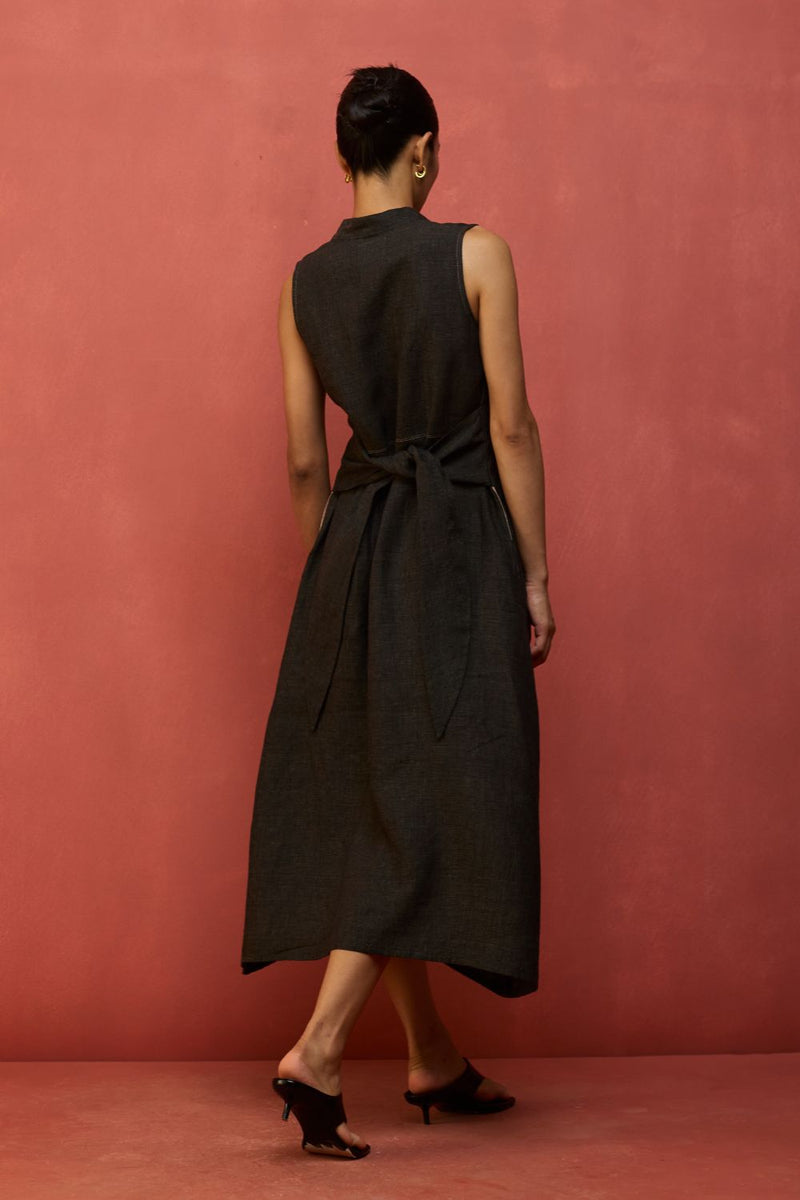 Tako Sleeveless Linen Knot Dress - Charcoal linen by Manan in charcoal color for women in Singapore