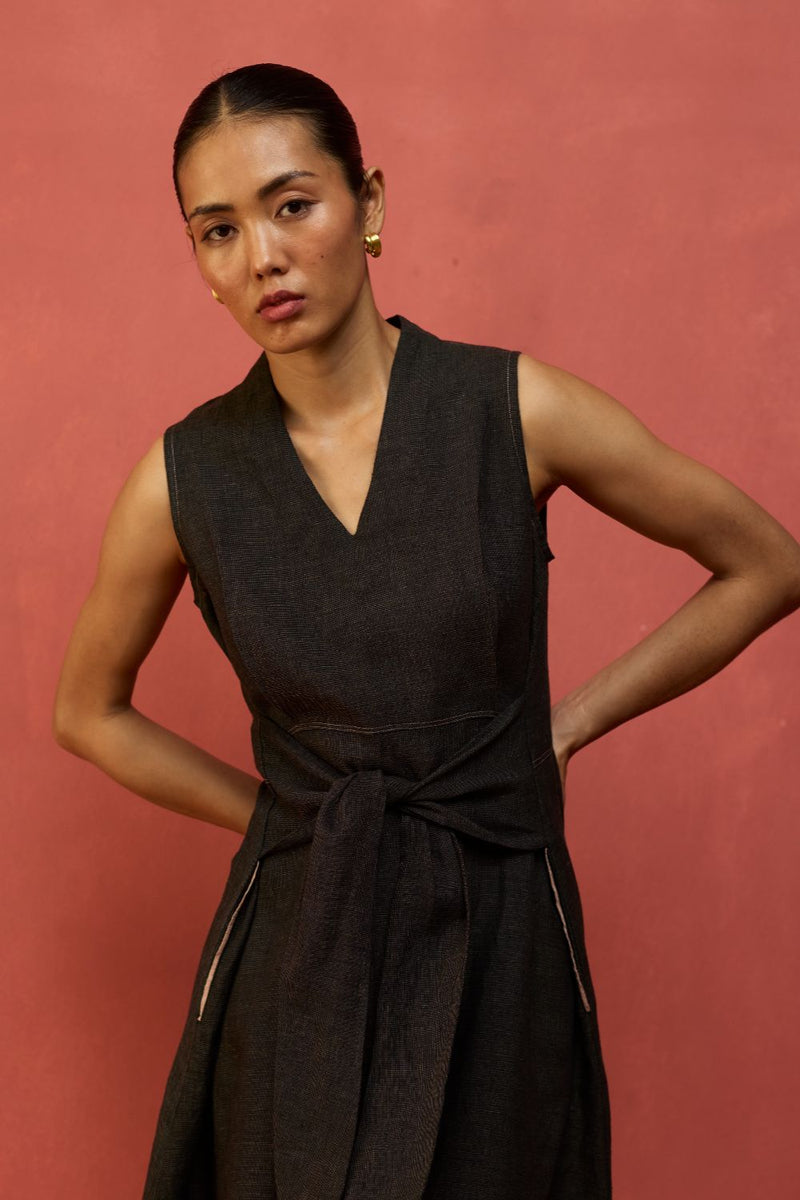 Tako Sleeveless Linen Knot Dress - Charcoal linen by Manan in charcoal color for women in Singapore