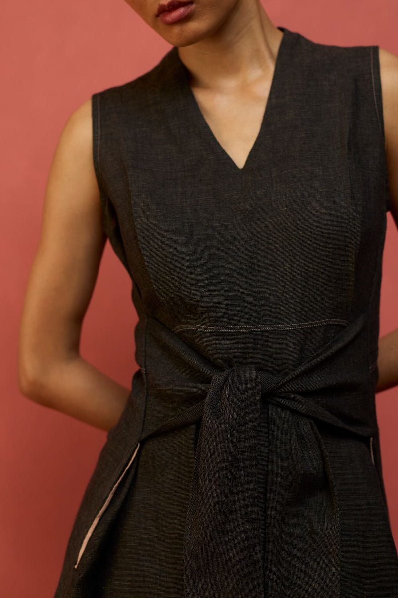 Tako Sleeveless Linen Knot Dress - Charcoal linen by Manan in charcoal color for women in Singapore