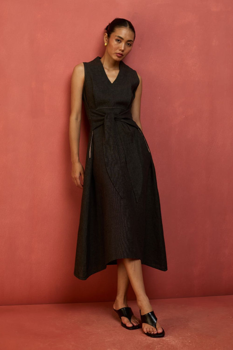 Tako Sleeveless Linen Knot Dress - Charcoal linen by Manan in charcoal color for women in Singapore