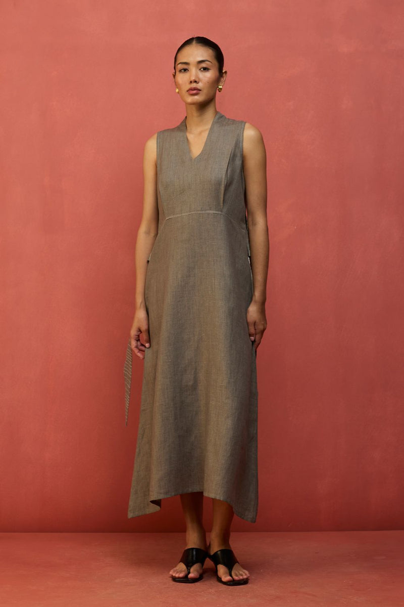 Tako Sleeveless Linen Knot Dress - Grey linen by Manan in grey color for women in Singapore