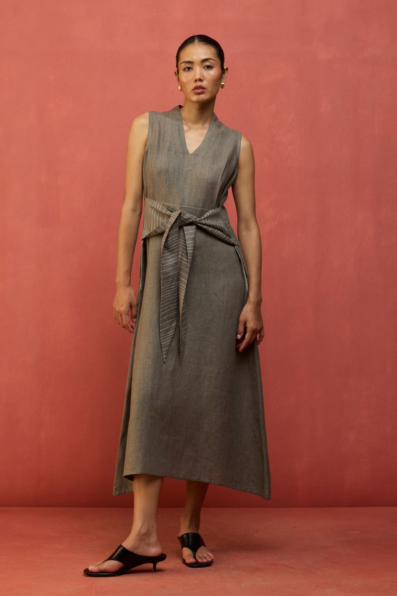 Tako Sleeveless Linen Knot Dress - Grey linen by Manan in grey color for women in Singapore