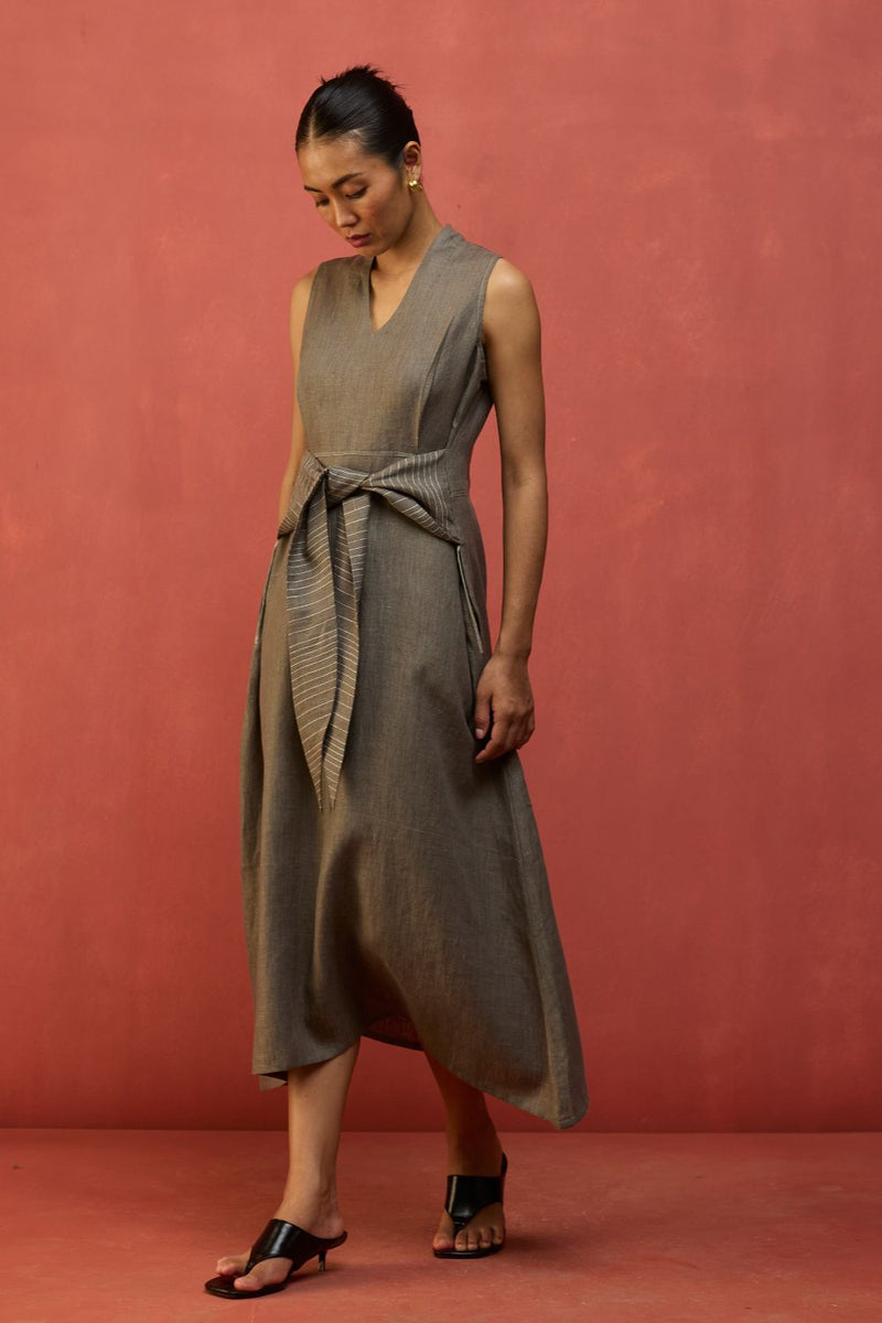 Tako Sleeveless Linen Knot Dress - Grey linen by Manan in grey color for women in Singapore