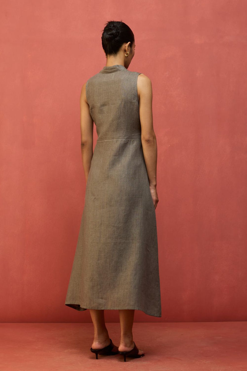 Tako Sleeveless Linen Knot Dress - Grey linen by Manan in grey color for women in Singapore