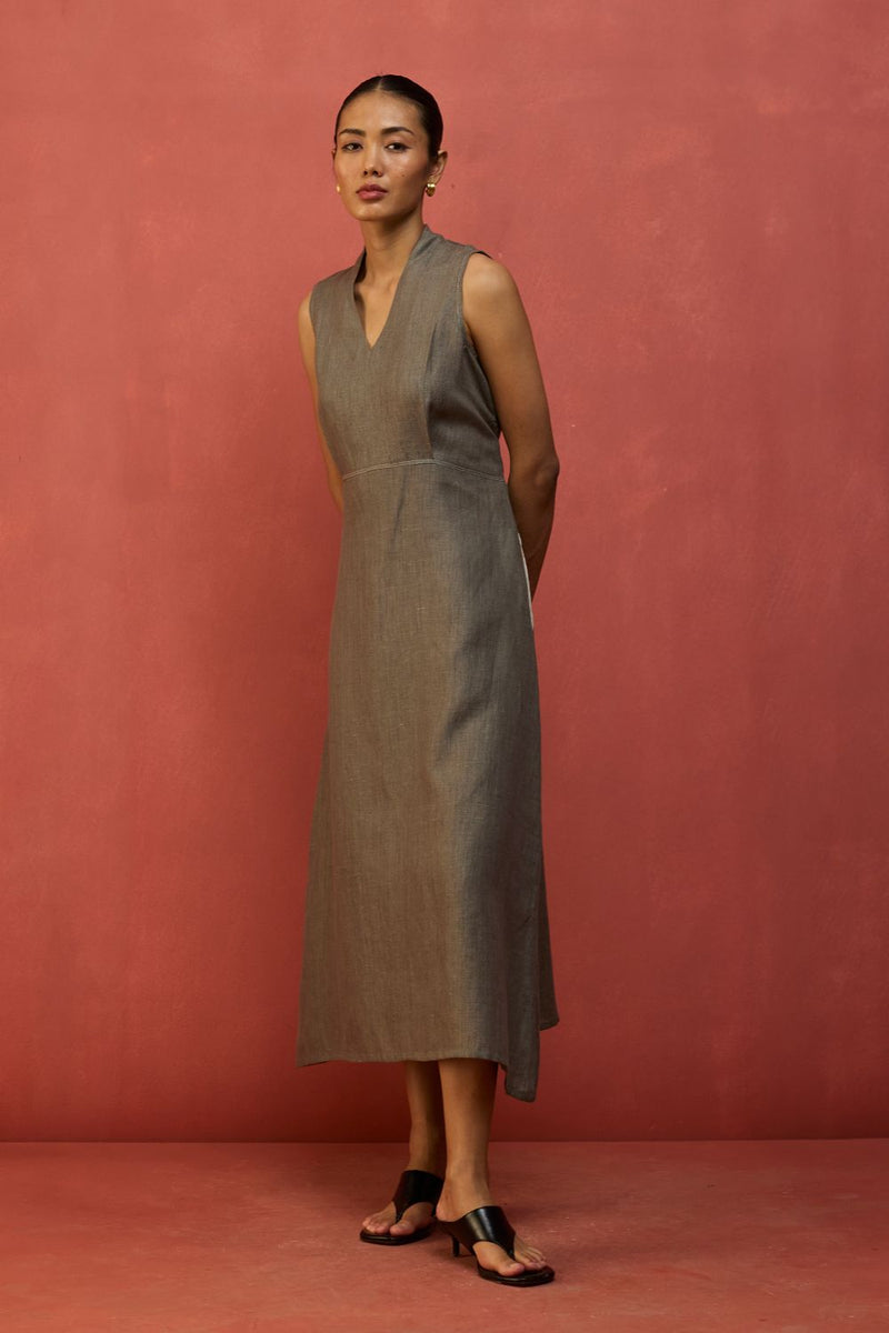 Tako Sleeveless Linen Knot Dress - Grey linen by Manan in grey color for women in Singapore