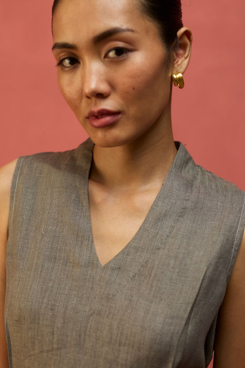 Tako Sleeveless Linen Knot Dress - Grey linen by Manan in grey color for women in Singapore