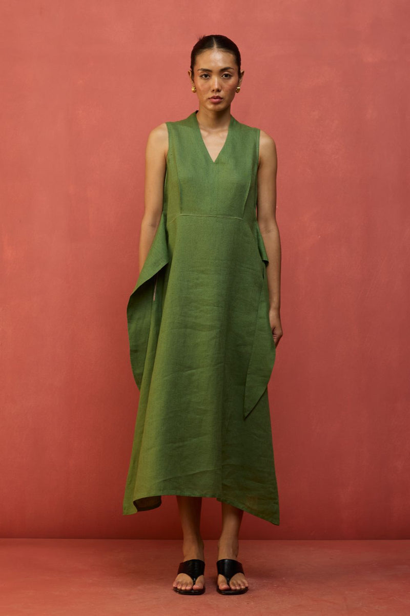 Tako Sleeveless Linen Knot Dress - Fern Green linen by Manan in green color for women in Singapore